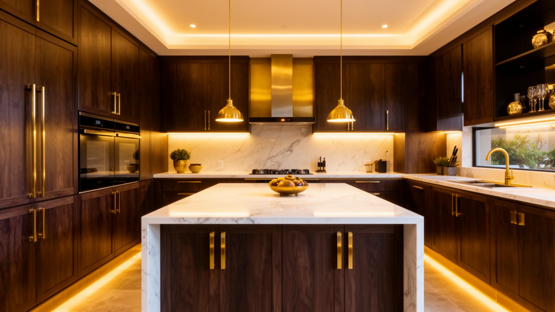 Cozinha sob medida de alto padrão em São Paulo com marcenaria em madeira escura e detalhes em dourado